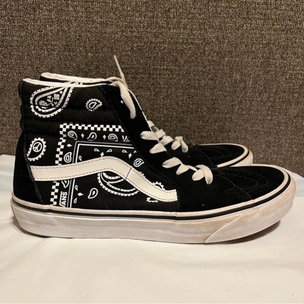 VANS Sk8 Hi Peace Paisley Black White High Top Suede Sneakers Mens Size 8
